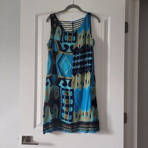 R&K Originals Size 10 Sleeveless Shift Dress vintage Blue Brown Geometric Teal